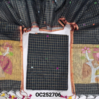 PREORDER : SHIPPING AFTER 1 WEEK Black designer muslin jamdani unstitched salwar material, hand woven design& zari checks all over(thin, lining needed)NO BOTTOM, muslin jamdani full length dupatta with zari checks& rich paithani weaning pallu. OC252706