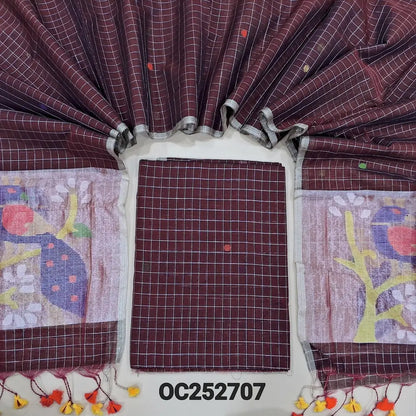 Deep Maroon designer muslin jamdani unstitched salwar material, hand woven design& zari checks all over(thin, lining needed)NO BOTTOM, muslin jamdani full length dupatta with zari checks& rich paithani weaning pallu. OC252707