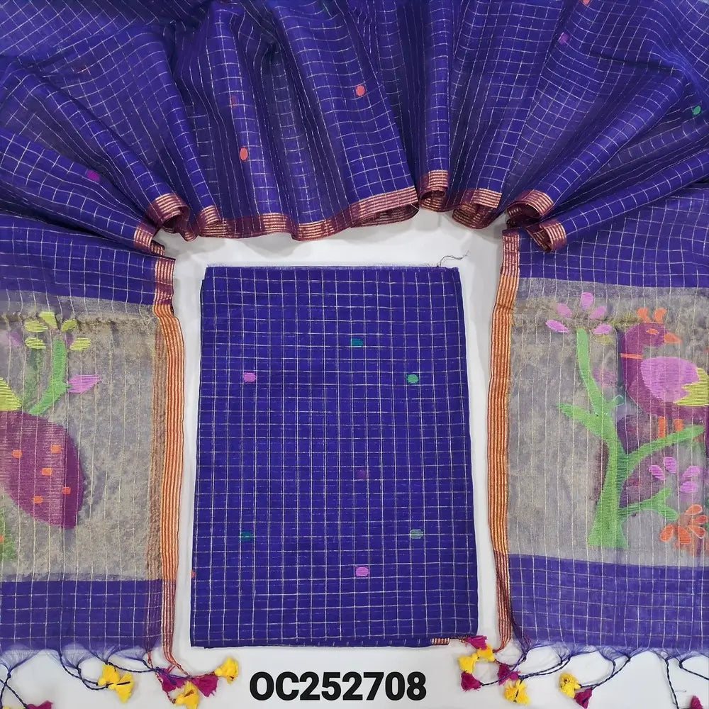 Royal Blue designer muslin jamdani unstitched salwar material, hand woven design& zari checks all over(thin, lining needed)NO BOTTOM, muslin jamdani full length dupatta with zari checks& rich paithani weaning pallu. OC252708