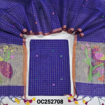 Royal Blue designer muslin jamdani unstitched salwar material, hand woven design& zari checks all over(thin, lining needed)NO BOTTOM, muslin jamdani full length dupatta with zari checks& rich paithani weaning pallu. OC252708