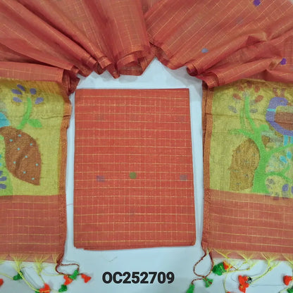 Dual Shaded Orange designer muslin jamdani unstitched salwar material, hand woven design& zari checks all over(thin, lining needed)NO BOTTOM, muslin jamdani full length dupatta with zari checks& rich paithani weaning pallu. OC252709