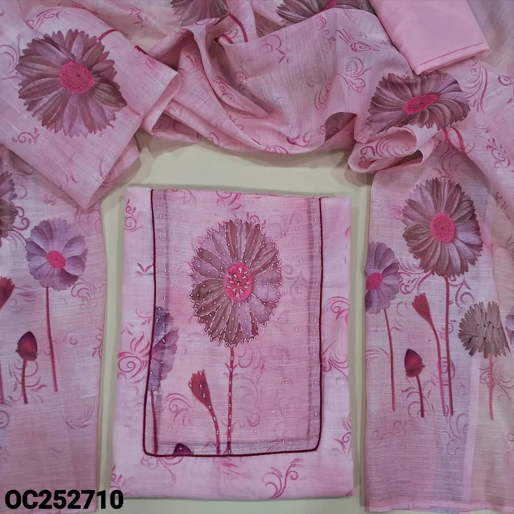 Pastel Pink semi linen unstitched salwar material (textured, Lining Needed) digital print, sequins, bead work on yoke, matching spun cotton bottom, digital floral printed semi linen dupatta. OC252710