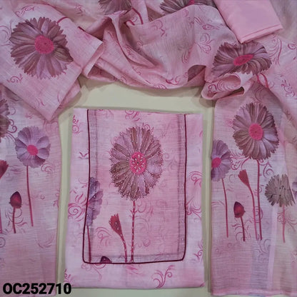Pastel Pink semi linen unstitched salwar material (textured, Lining Needed) digital print, sequins, bead work on yoke, matching spun cotton bottom, digital floral printed semi linen dupatta. OC252710