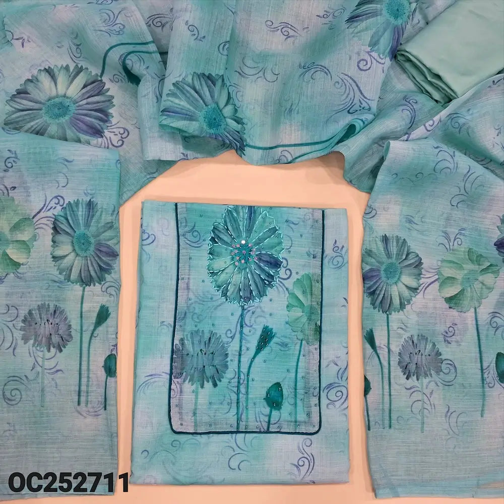 Pastel Blue semi linen unstitched salwar material (textured, Lining Needed) digital print, sequins, bead work on yoke, matching spun cotton bottom, digital floral printed semi linen dupatta. OC252711