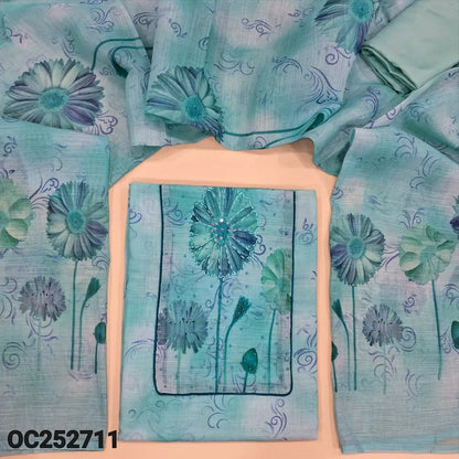 Pastel Blue semi linen unstitched salwar material (textured, Lining Needed) digital print, sequins, bead work on yoke, matching spun cotton bottom, digital floral printed semi linen dupatta. OC252711