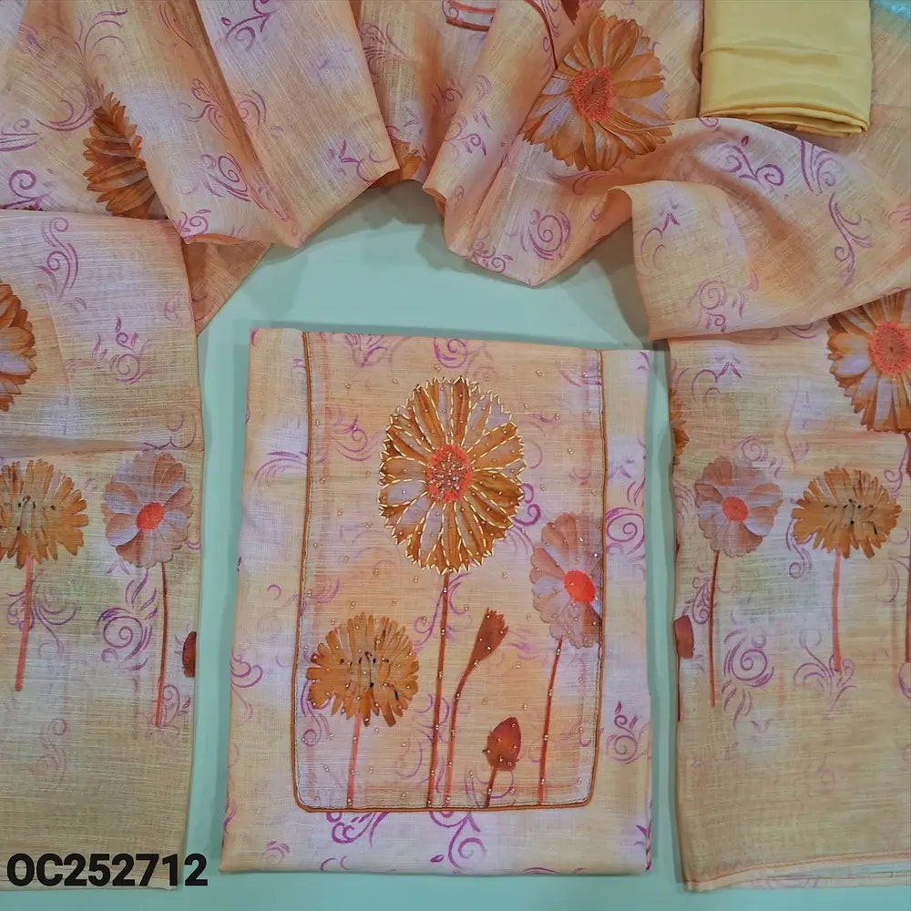 Pastel Peach semi linen unstitched salwar material (textured, Lining Needed) digital print, sequins, bead work on yoke, matching spun cotton bottom, digital floral printed semi linen dupatta. OC252712