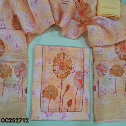 Pastel Peach semi linen unstitched salwar material (textured, Lining Needed) digital print, sequins, bead work on yoke, matching spun cotton bottom, digital floral printed semi linen dupatta. OC252712