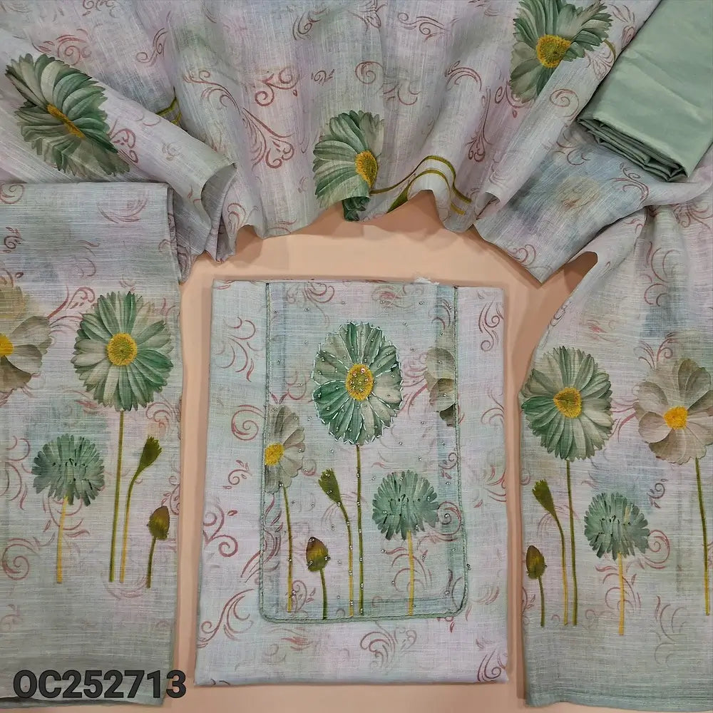 Light greyish Green semi linen unstitched salwar material (textured, Lining Needed) digital print, sequins, bead work on yoke, matching spun cotton bottom, digital floral printed semi linen dupatta. OC252713