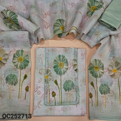 Light greyish Green semi linen unstitched salwar material (textured, Lining Needed) digital print, sequins, bead work on yoke, matching spun cotton bottom, digital floral printed semi linen dupatta. OC252713