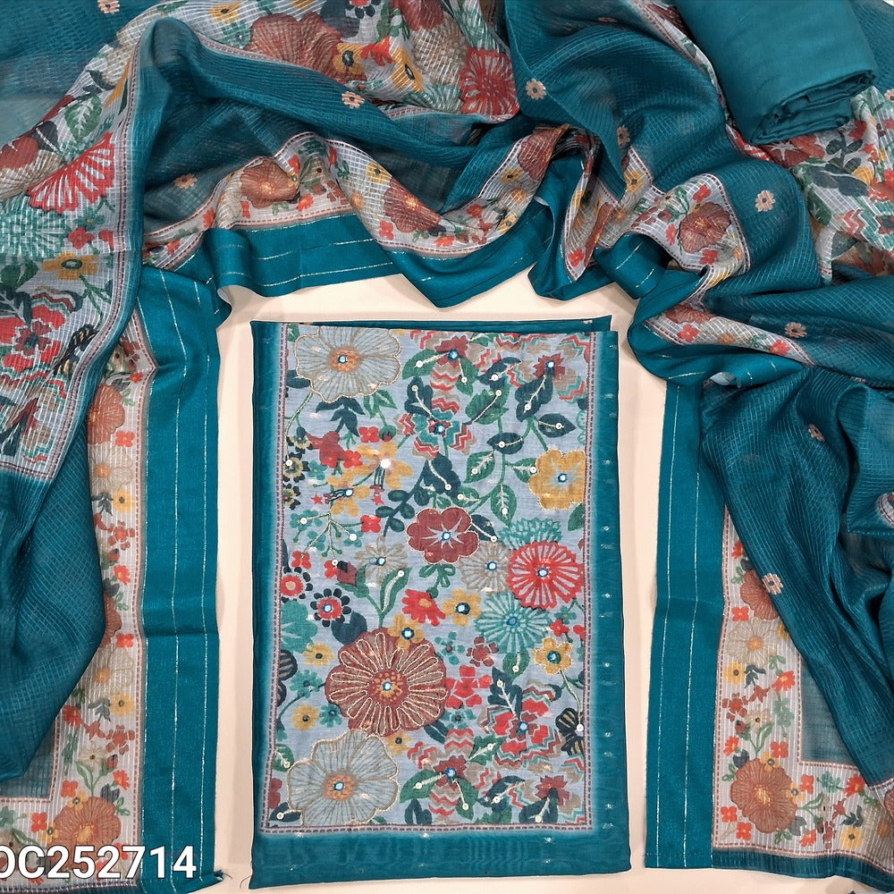 Teal Blue Silk Cotton unstitched salwar material (thin, Lining Needed)digital floral printed on yoke, zari buttas allover, matching spun cotton bottom, digital floral printed silk cotton dupatta. OC252714