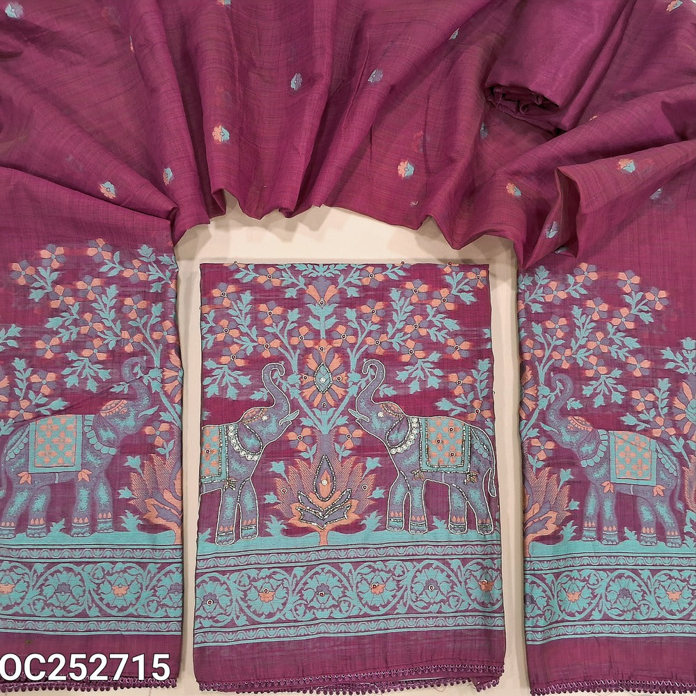 Dark Pink premium Silk Cotton unstitched salwar material (thin, Lining Needed) heavy thread woven, zardozi, bead work on yoke & daman, matching santoon bottom, thread woven design on premium silk cotton dupatta with tapings. OC252715