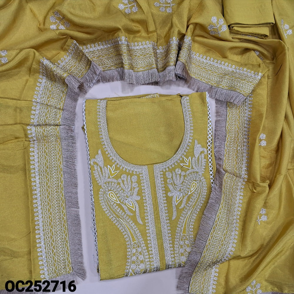 Designer light Mehandhi Yellow tissue silk unstitched salwar material (textured, Lining Needed) antique zari weaving design on yoke & daman, matching santoon bottom, antique zari weaving tissue silk shorth width dupatta with tassels. OC252716