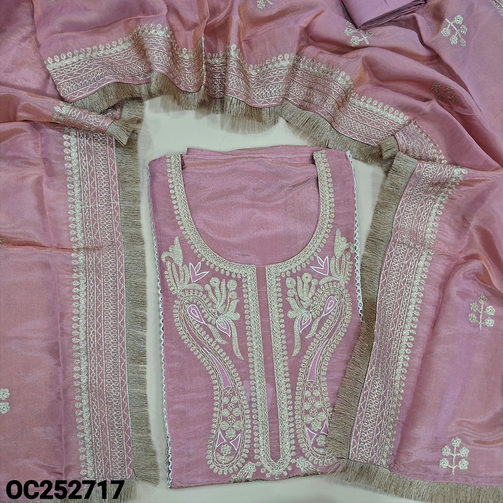 Designer Pastel Pink tissue silk unstitched salwar material (textured, Lining Needed) antique zari weaving design on yoke & daman, matching santoon bottom, antique zari weaving tissue silk shorth width dupatta with tassels. OC252717