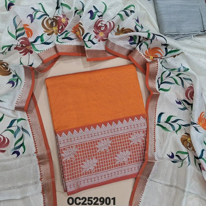 Orange mangalgiri silk unstitched salwar material (Lining Needed) silver zari woven on daman, silver grey silk cotton bottom, hand brush paint work on mangalgiri silk dupatta. OC282901