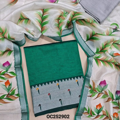 Peacock Green mangalgiri silk unstitched salwar material (Lining Needed) paithani silver zari woven on daman, silver grey silk cotton bottom, hand brush paint work on mangalgiri silk dupatta. OC282902