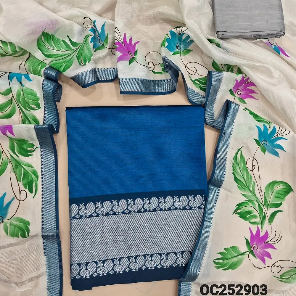 Royal Blue mangalgiri silk unstitched salwar material (Lining Needed) silver zari woven on daman, silver grey silk cotton bottom, hand brush paint work on mangalgiri silk dupatta. OC282904
