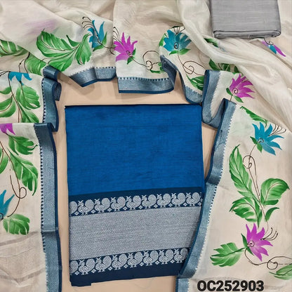 Royal Blue mangalgiri silk unstitched salwar material (Lining Needed) silver zari woven on daman, silver grey silk cotton bottom, hand brush paint work on mangalgiri silk dupatta. OC282904