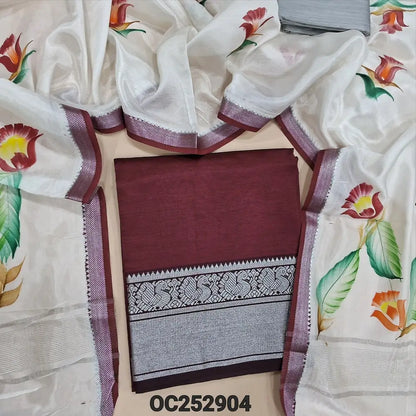 Maroon mangalgiri silk unstitched salwar material (Lining Needed) silver zari woven on daman, silver grey silk cotton bottom, hand brush paint work on mangalgiri silk dupatta. OC282903