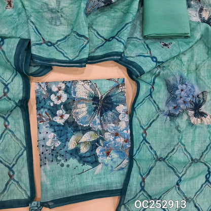Pastel Blue digital printed premium linen unstitched salwar material,(textured, lining needed) hand embroidery on daman, V neck, matching santoon bottom, digital printed , embroidery work on premium linen dupatta. OC252913