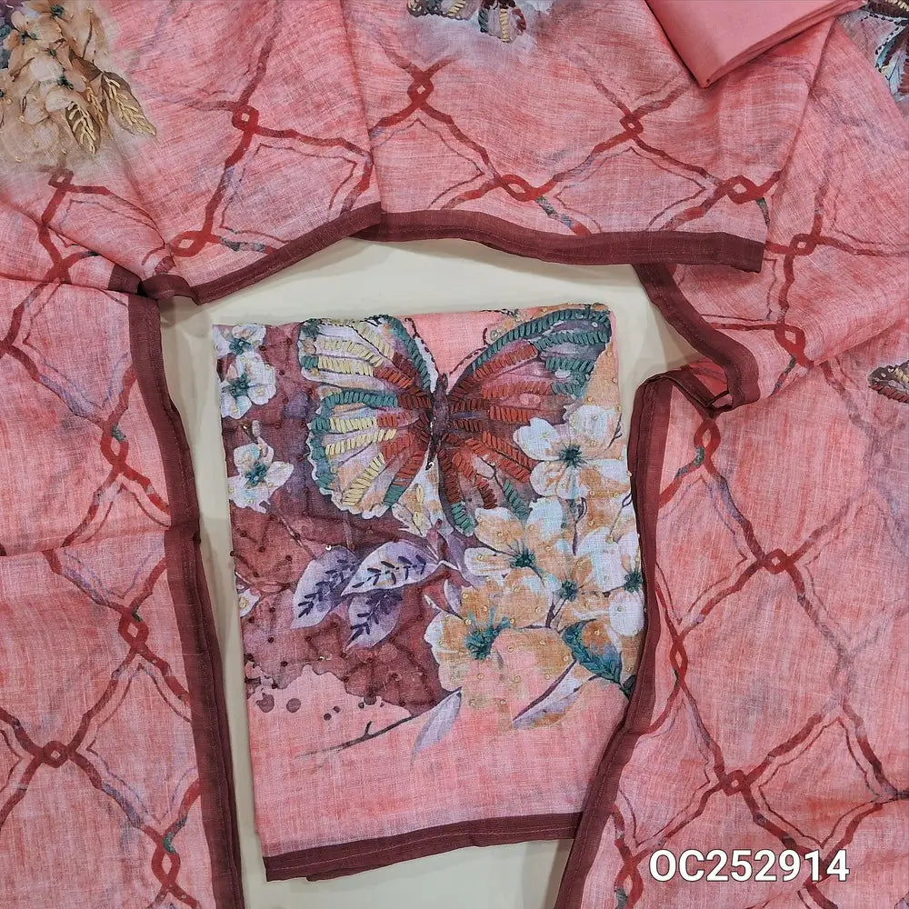 Bright pink digital printed premium linen unstitched salwar material,(textured, lining needed) hand embroidery on daman, V neck, matching santoon bottom, digital printed , embroidery work on premium linen dupatta. OC252914