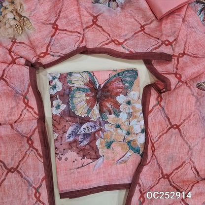 Bright pink digital printed premium linen unstitched salwar material,(textured, lining needed) hand embroidery on daman, V neck, matching santoon bottom, digital printed , embroidery work on premium linen dupatta. OC252914