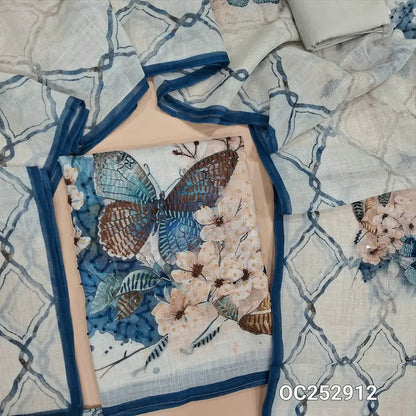 Light Grey digital printed premium linen unstitched salwar material,(textured, lining needed) hand embroidery on daman, V neck, matching santoon bottom, digital printed , embroidery work on premium linen dupatta. OC252915