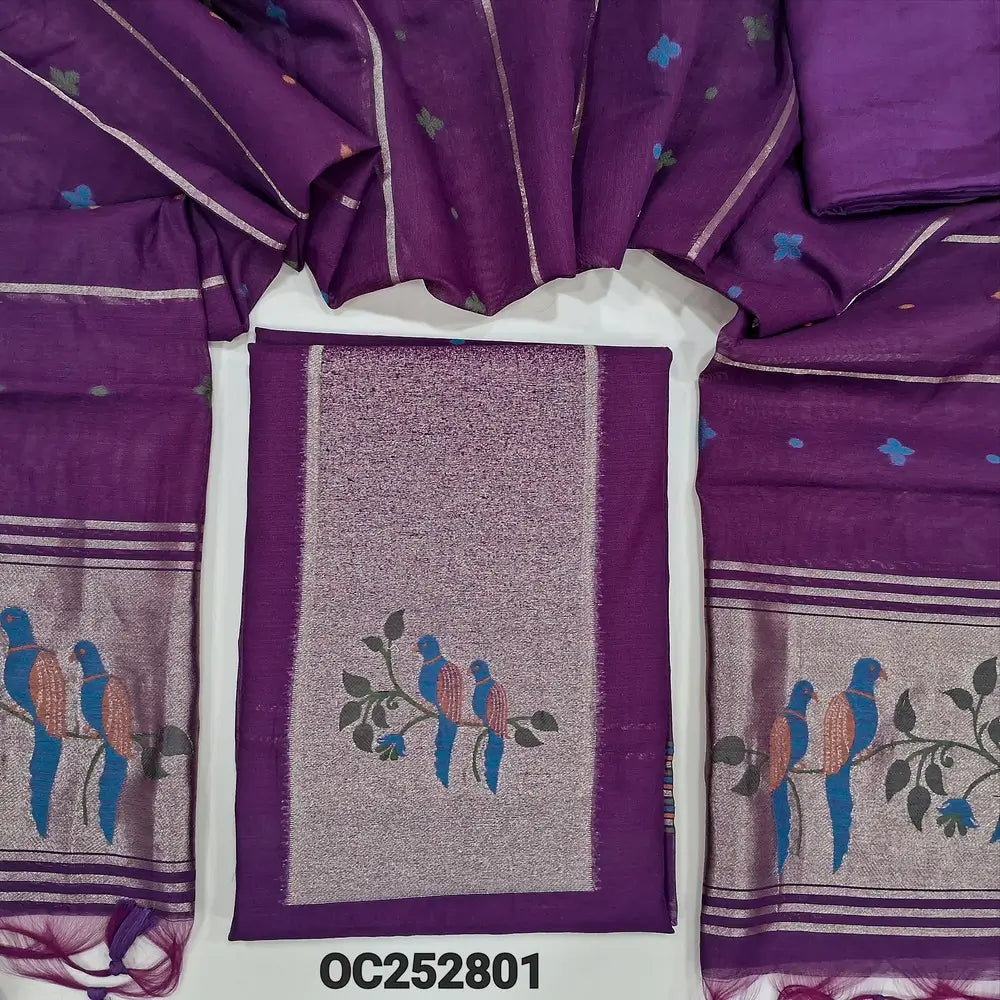 Beetroot Purple designer jamdani woven premium silk cotton unstitched salwar material, paithani weaving on yoke(lining needed)matching santoon bottom, jamdani woven premium silk cotton dupatta with paithani weaving pallu. OC252801