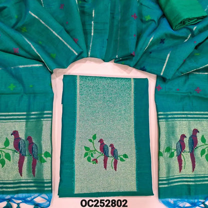 Turquoise Green designer jamdani woven premium silk cotton unstitched salwar material, paithani weaving on yoke(lining needed)matching santoon bottom, jamdani woven premium silk cotton dupatta with paithani weaving pallu. OC252802