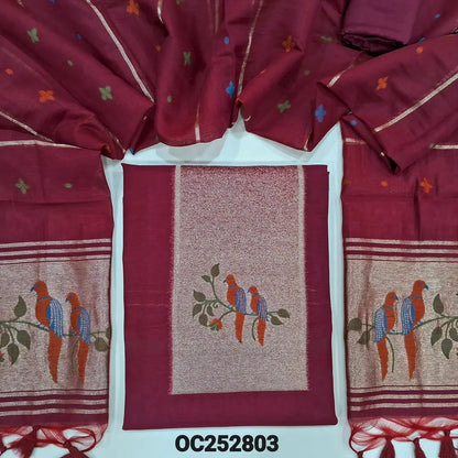 Reddish Maroon designer jamdani woven premium silk cotton unstitched salwar material, paithani weaving on yoke(lining needed)matching santoon bottom, jamdani woven premium silk cotton dupatta with paithani weaving pallu. OC252803