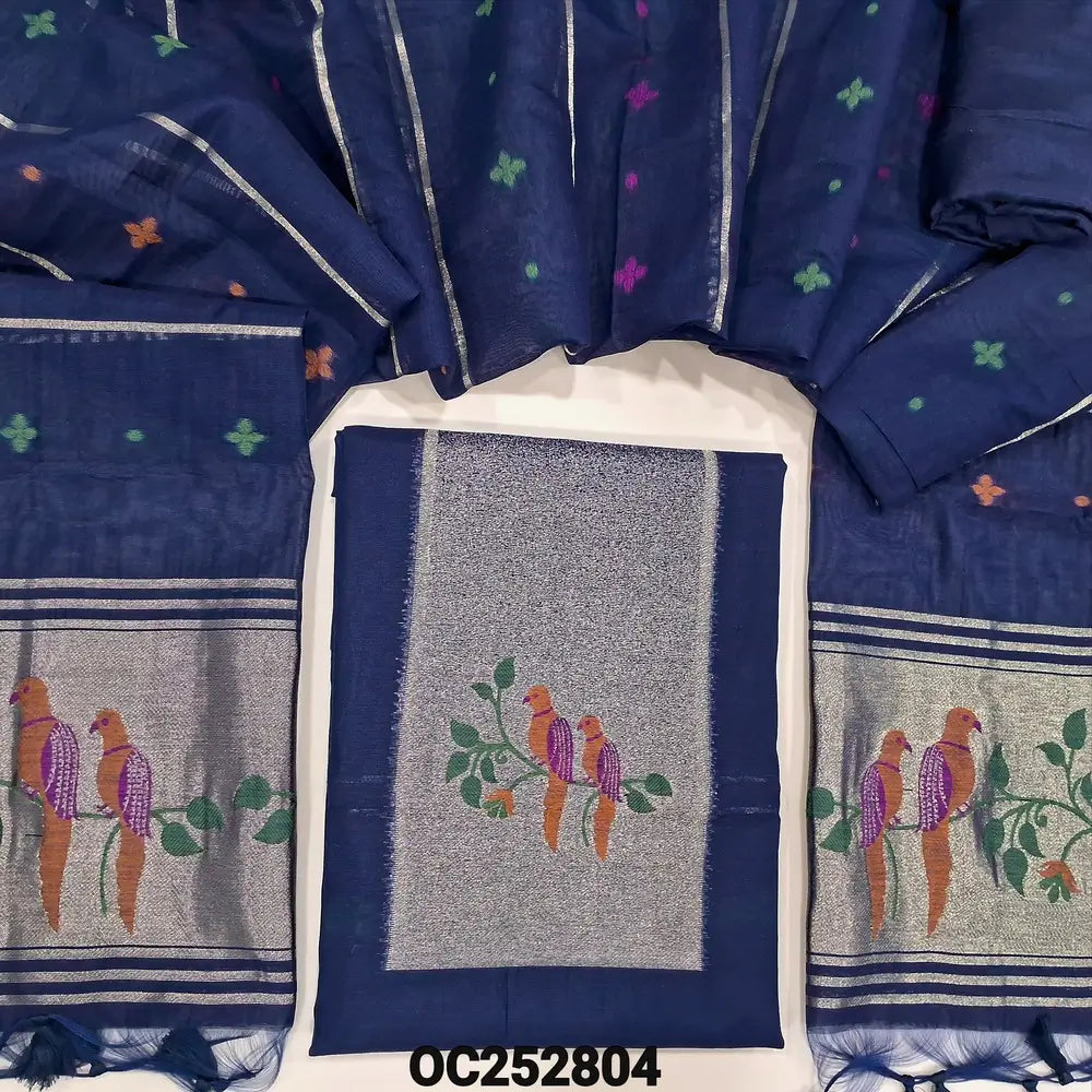 Dark Blue designer jamdani woven premium silk cotton unstitched salwar material, paithani weaving on yoke(lining needed)matching santoon bottom, jamdani woven premium silk cotton dupatta with paithani weaving pallu. OC252804