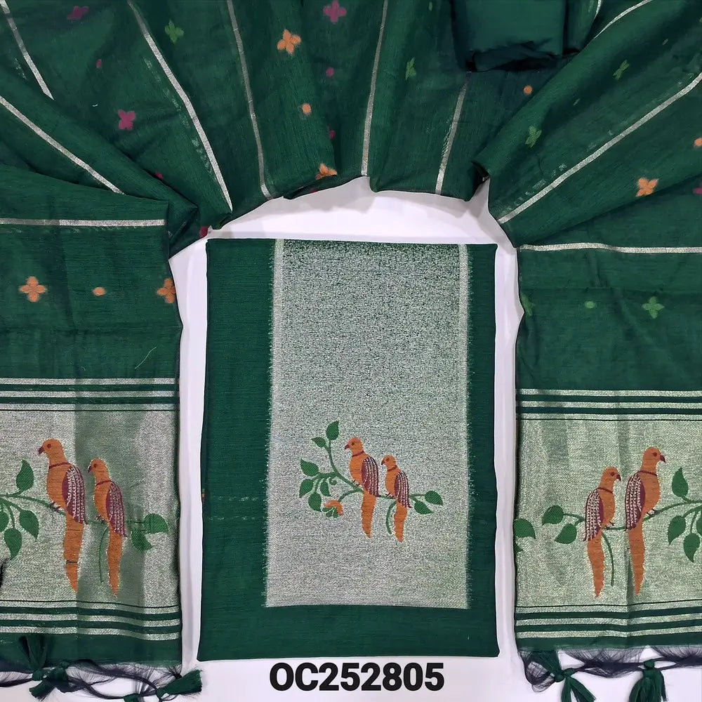 Bottle Green designer jamdani woven premium silk cotton unstitched salwar material, paithani weaving on yoke(lining needed)matching cotton bottom, jamdani woven premium silk cotton dupatta with paithani weaving pallu. OC252805