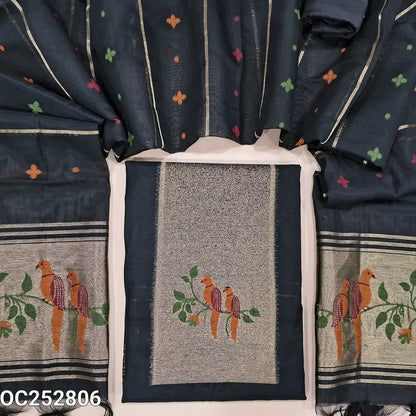 Black designer jamdani woven premium silk cotton unstitched salwar material, paithani weaving on yoke(lining needed)matching santoon bottom, jamdani woven premium silk cotton dupatta with paithani weaving pallu. OC252806