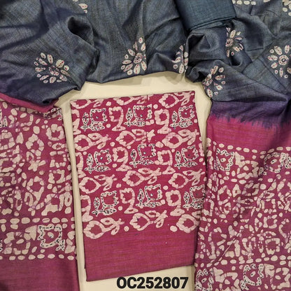 Pink wax batik dyed bagalpuri jute silk cotton unstitched salwar material (textured, Lining Needed) thread & sequins, batik dyed on yoke, dark blue bottom, dual shaded batik dyed bagalpuri jute silk cotton dupatta with thread & sequins. Oc252807
