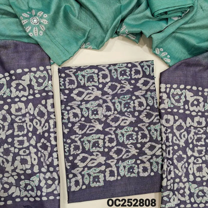 Blue wax batik dyed bagalpuri jute silk cotton unstitched salwar material (textured, Lining Needed) thread & sequins, batik dyed on yoke, dark blue bottom, dual shaded batik dyed bagalpuri jute silk cotton dupatta with thread & sequins. Oc252808