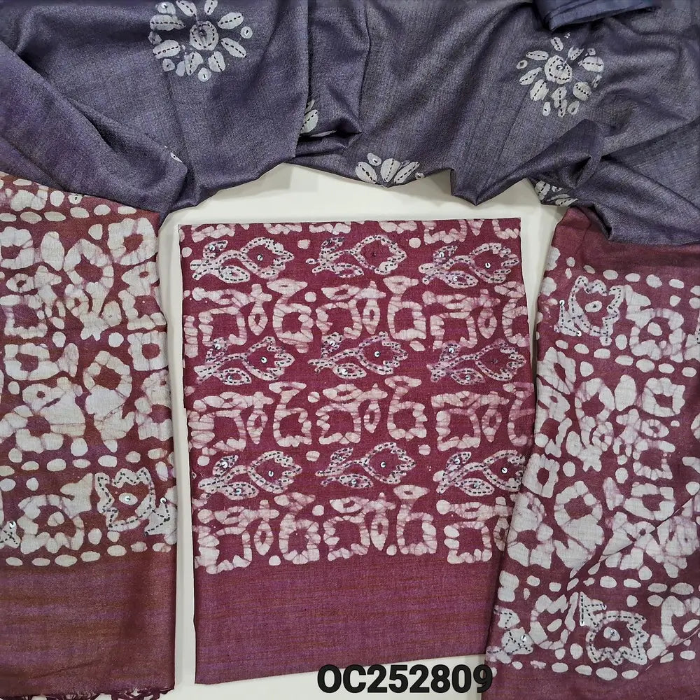 Maroon wax batik dyed bagalpuri jute silk cotton unstitched salwar material (textured, Lining Needed) thread & sequins, batik dyed on yoke, dark blue bottom, dual shaded batik dyed bagalpuri jute silk cotton dupatta with thread & sequins. Oc252809