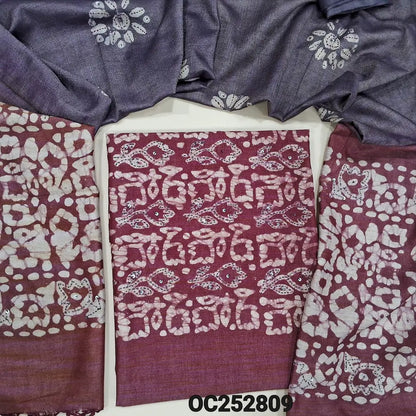Maroon wax batik dyed bagalpuri jute silk cotton unstitched salwar material (textured, Lining Needed) thread & sequins, batik dyed on yoke, dark blue bottom, dual shaded batik dyed bagalpuri jute silk cotton dupatta with thread & sequins. Oc252809