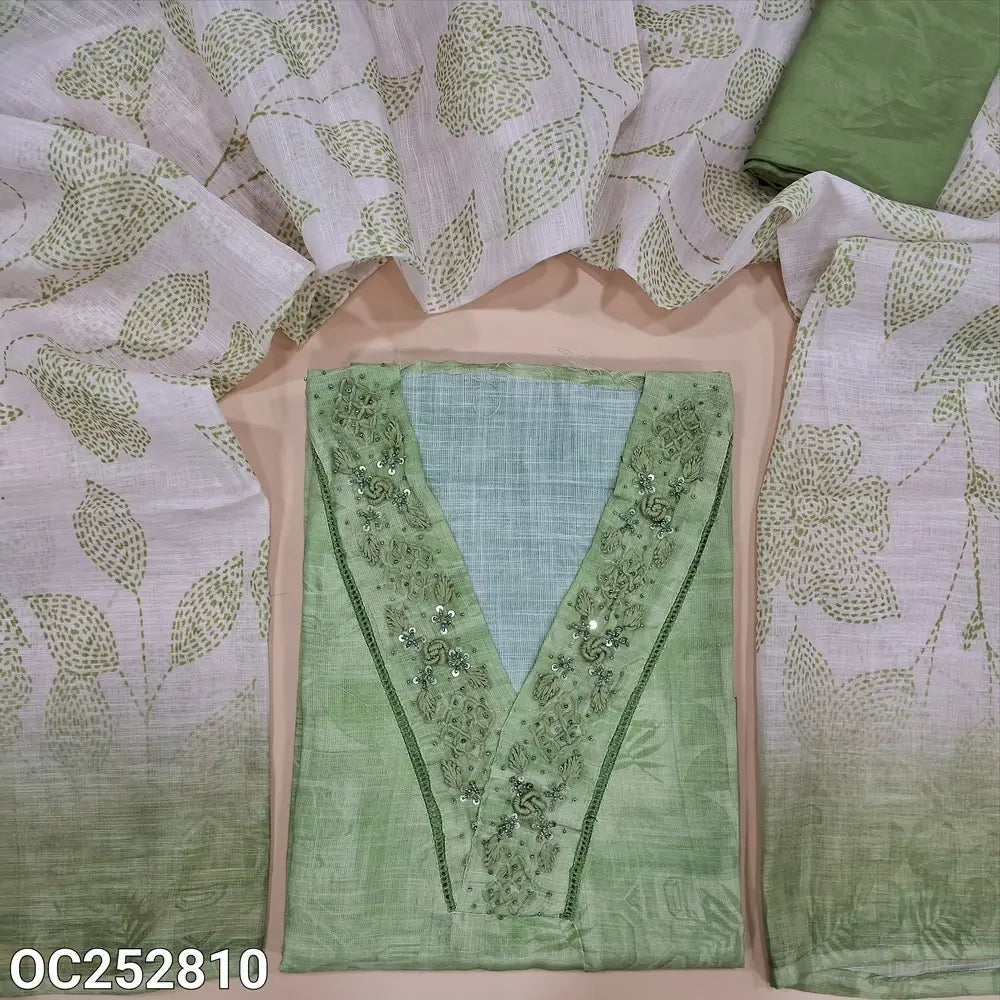 Digital printed pastel Green semi linen unstitched salwar material (textured, Lining Needed) V neck, hand embroidery & bead work on neck line, matching silky bottom, digital printed semi linen dupatta. OC252813
