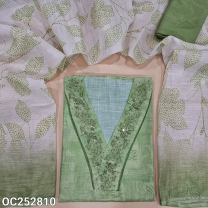Digital printed pastel Green semi linen unstitched salwar material (textured, Lining Needed) V neck, hand embroidery & bead work on neck line, matching silky bottom, digital printed semi linen dupatta. OC252813