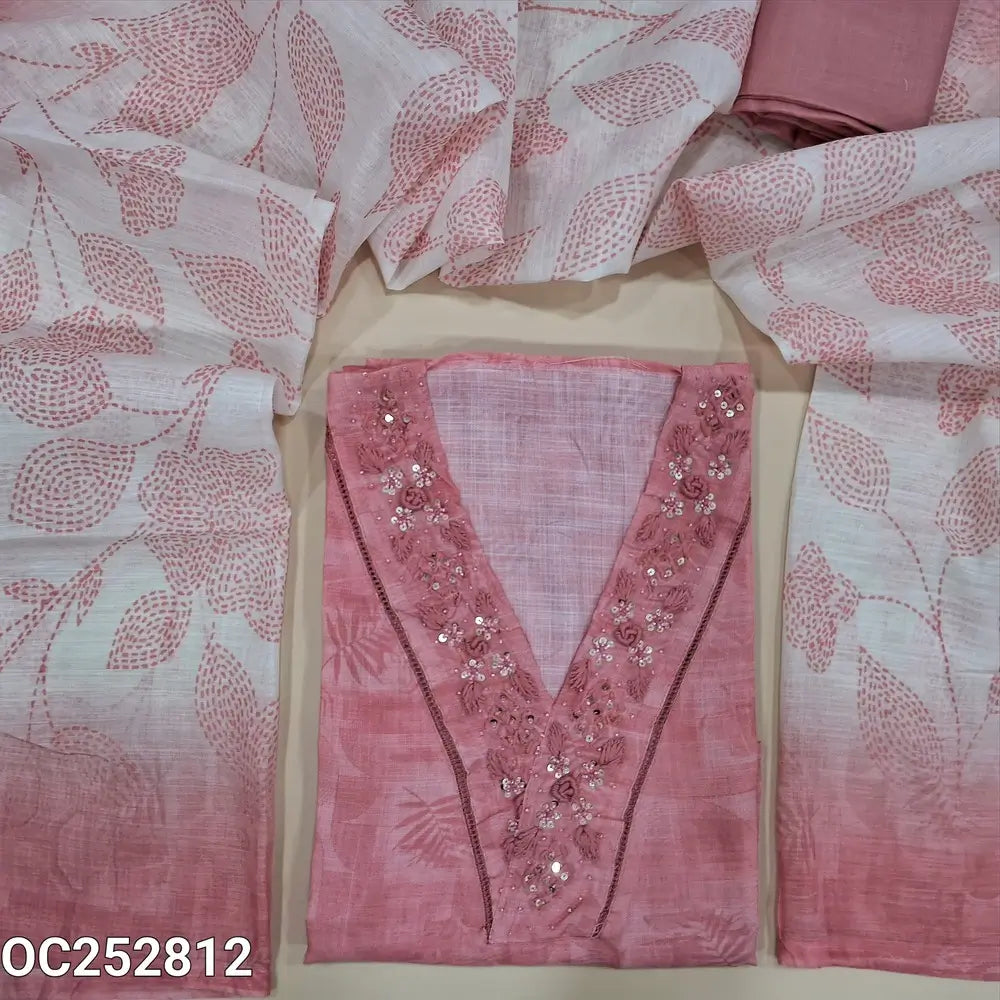 Digital printed pastel Pink semi linen unstitched salwar material (textured, Lining Needed) V neck, hand embroidery & bead work on neck line, matching silky bottom, digital printed semi linen dupatta. OC252812