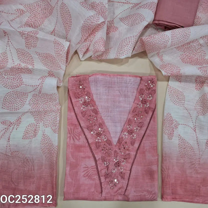 Digital printed pastel Pink semi linen unstitched salwar material (textured, Lining Needed) V neck, hand embroidery & bead work on neck line, matching silky bottom, digital printed semi linen dupatta. OC252812