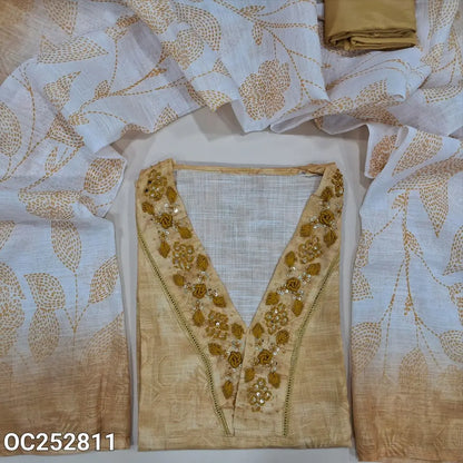 Digital printed fenugreek Yellow semi linen unstitched salwar material (textured, Lining Needed) V neck, hand embroidery & bead work on neck line, matching silky bottom, digital printed semi linen dupatta. OC252811