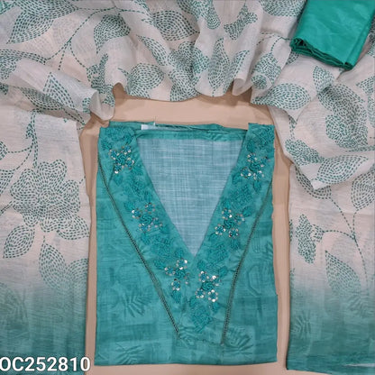 Digital printed pastel Blue semi linen unstitched salwar material (textured, Lining Needed) V neck, hand embroidery & bead work on neck line, matching silky bottom, digital printed semi linen dupatta. OC252810