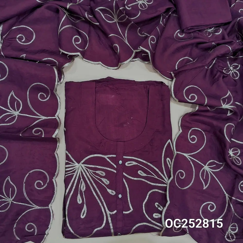 Designer deep wine Purple russian silk unstitched salwar material,(flowy, lining needed) zari embroidery work on front, matching silk y bottom, zari work on russian silk short width dupatta with scalped borders. Oc252815