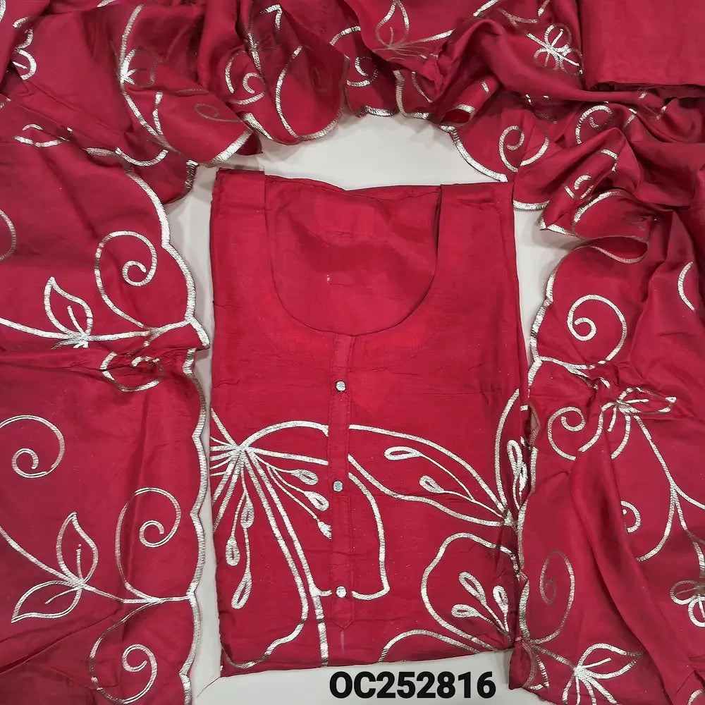 Designer Red russian silk unstitched salwar material,(flowy, lining needed) zari embroidery work on front, matching silk y bottom, zari work on russian silk short width dupatta with scalped borders. Oc252816