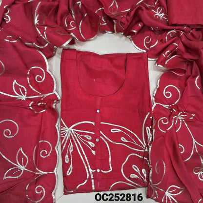 Designer Red russian silk unstitched salwar material,(flowy, lining needed) zari embroidery work on front, matching silk y bottom, zari work on russian silk short width dupatta with scalped borders. Oc252816