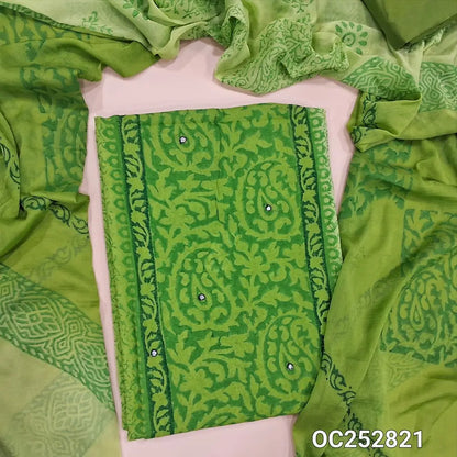 Pastel Green & bright green block printed semi georgette unstitched salwar material,(flowy, lining needed) faux mirror work on front, silk cotton bottom, block printed dual shaded fancy chiffon dupatta. OC252821