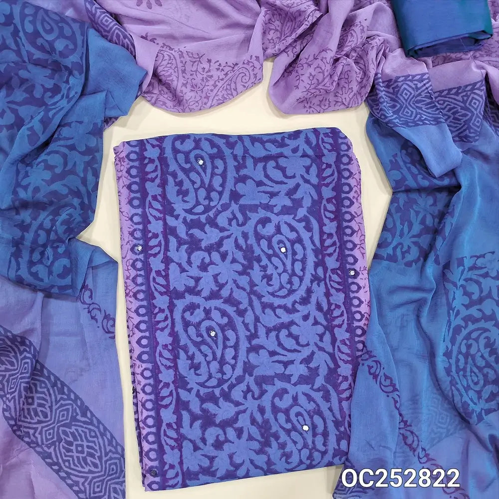 Lavender & Blue block printed semi georgette unstitched salwar material,(flowy, lining needed) faux mirror work on front, silk cotton bottom, block printed dual shaded fancy chiffon dupatta. OC252822