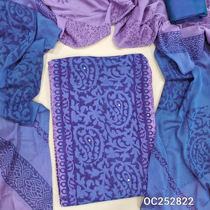 Lavender & Blue block printed semi georgette unstitched salwar material,(flowy, lining needed) faux mirror work on front, silk cotton bottom, block printed dual shaded fancy chiffon dupatta. OC252822