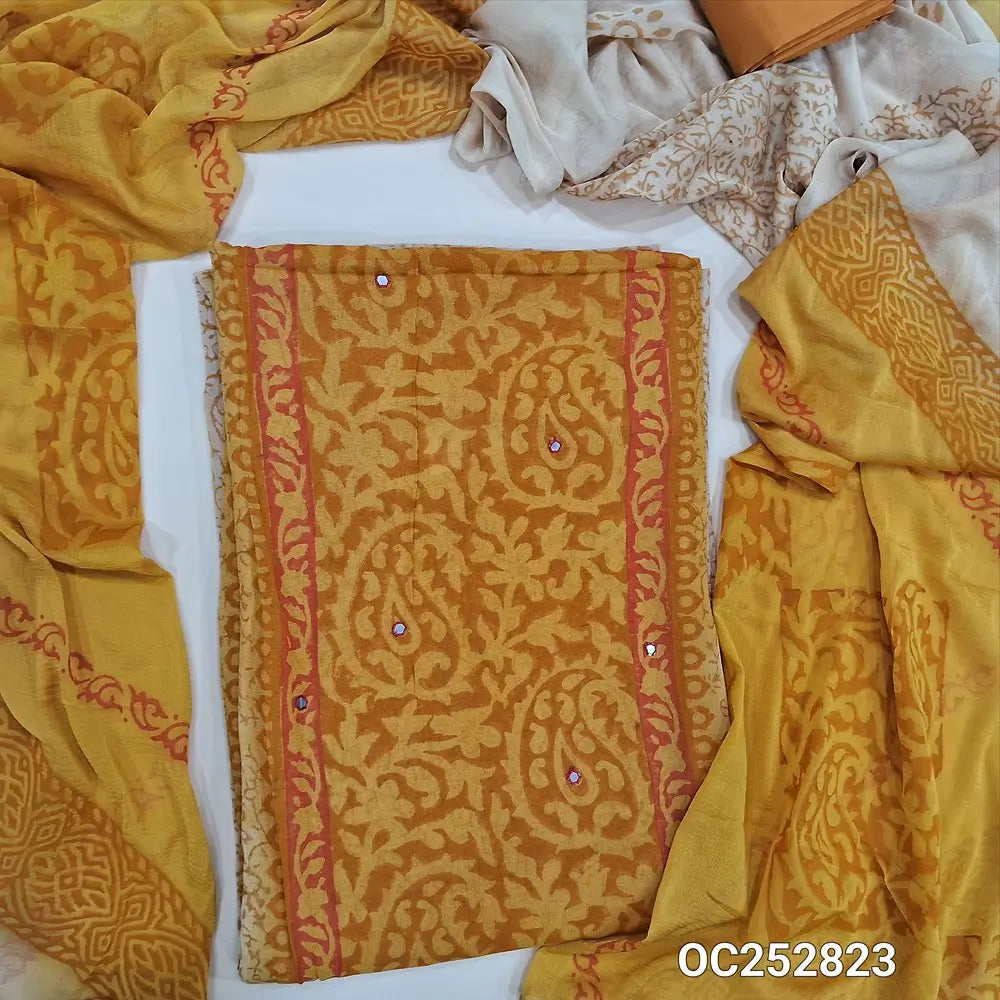 Rich Beige & mehandhi Yellow block printed semi georgette unstitched salwar material,(flowy, lining needed) faux mirror work on front, silk cotton bottom, block printed dual shaded fancy chiffon dupatta. OC252823