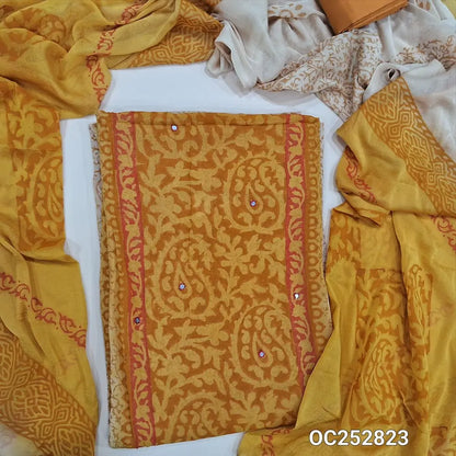 Rich Beige & mehandhi Yellow block printed semi georgette unstitched salwar material,(flowy, lining needed) faux mirror work on front, silk cotton bottom, block printed dual shaded fancy chiffon dupatta. OC252823